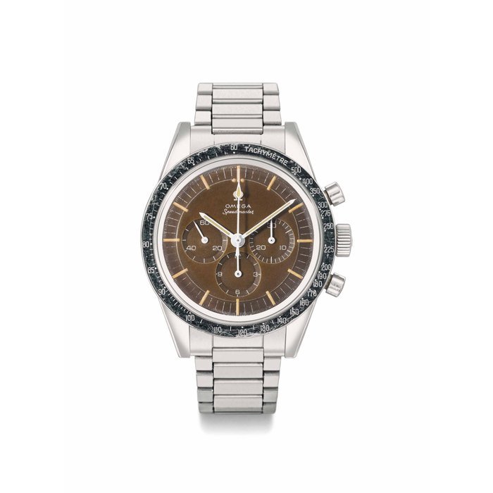 Omega Omega. A rare and attractive stainless steel chronograph wristwatch with bracelet, Tropical dial and box SIGNED OMEGA, SPEEDMASTER, REF. ST 105.003-65, MOVEMENT NO. 24'001'189, MANUFACTURED IN 1966