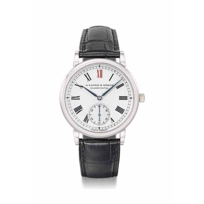  A. Lange & Söhne. A fine and rare platinum limited edition automatic wristwatch with enamel dial and box SIGNED A. LANGE & SÖHNE, GLASHÜTTE I/SA, ANNIVERSARY LANGEMATIK MODEL, NO. 35/500, MOVEMENT NO. 13'107, CASE NO. 132'035, CIRCA 2004, Price & Market Data