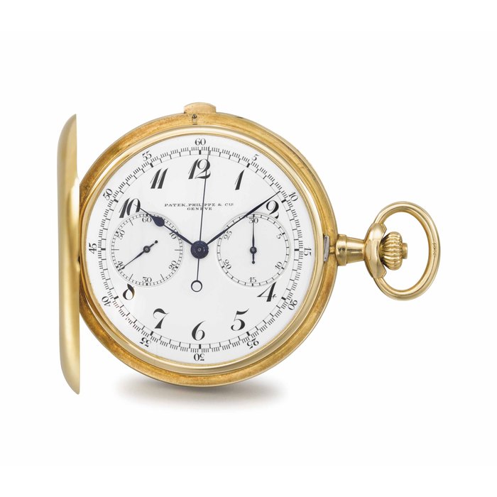 Patek Philippe. A fine and unusual 18K gold hunter case chronograph keyless lever watch with oversized counters SIGNED PATEK, PHILIPPE & CIE., GENÈVE, MOVEMENT NO. 157'246, CASE NO. 280'986, MANUFACTURED IN 1914