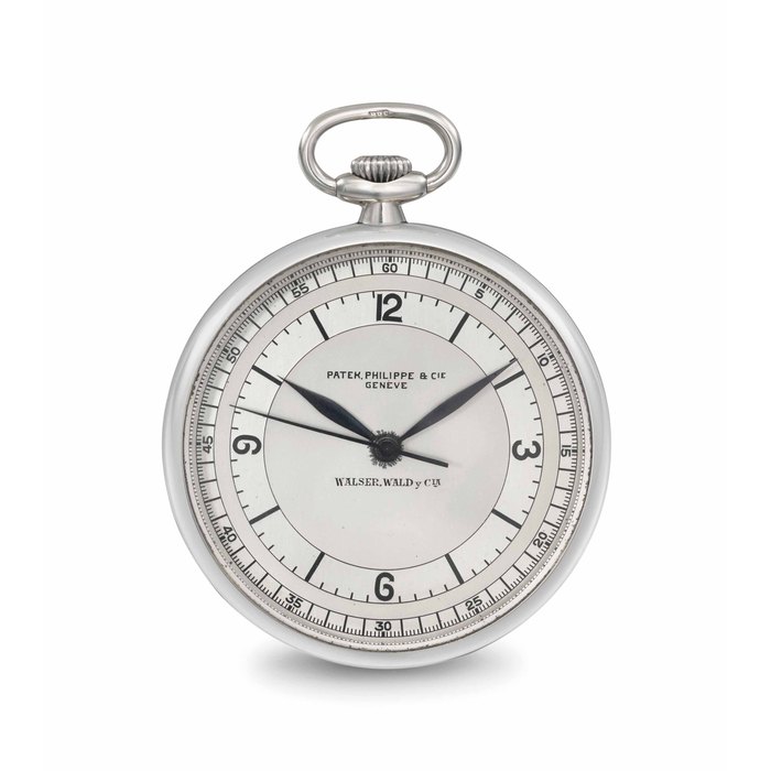 Patek Philippe. A fine and rare stainless steel openface keyless lever watch with sweep centre seconds and two-tone silvered sector dial SIGNED PATEK PHILIPPE & CIE., GENÈVE, RETAILED BY WALSER, WALD Y CIA., MOVEMENT NO. 819'538, CASE NO. 611'602, MOVEMENT MANUFACTURED IN 1929, COMPLETED AND ENCASED IN 1935 AND SOLD IN 1938