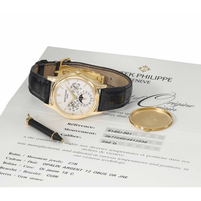 Patek Philippe. A fine and rare 18K gold automatic perpetual calendar wristwatch with moon phases, 24 hours indication, Guarantee and box SIGNED PATEK PHILIPPE, GENEVE, REF. 5140J, MOVEMENT NO. 3'677'292, CASE NO. 4'412'238, MANUFACTURED IN 2007