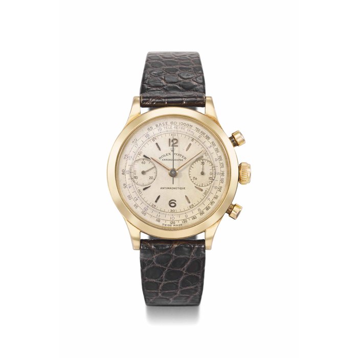 Rolex Rolex. A very fine, rare and historically important 18K gold chronograph wristwatch SIGNED ROLEX OYSTER, CHRONOGRAPHE, ANTIMAGNETIQUE, REF. 3525, CASE NO. 380'226, CIRCA 1945, Price & Market Data