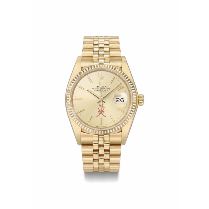 Rolex. A fine and very rare 18K gold automatic wristwatch with champagne dial, date, sweep centre seconds, bracelet and box, made for the Sultanate of Oman SIGNED ROLEX, OYSTER PERPETUAL, DATEJUST, REF. 16018, CASE NO. 6'414'319, CIRCA 1980