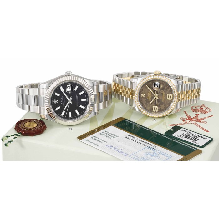 Rolex. A fine and very rare stainless steel and 18K white gold automatic wristwatch with date, sweep centre seconds, black dial, sales tag, Guarantee and box SIGNED ROLEX, OYSTER PERPETUAL, DATEJUST, REF. 116334, CASE NO. G329578, CIRCA 2013