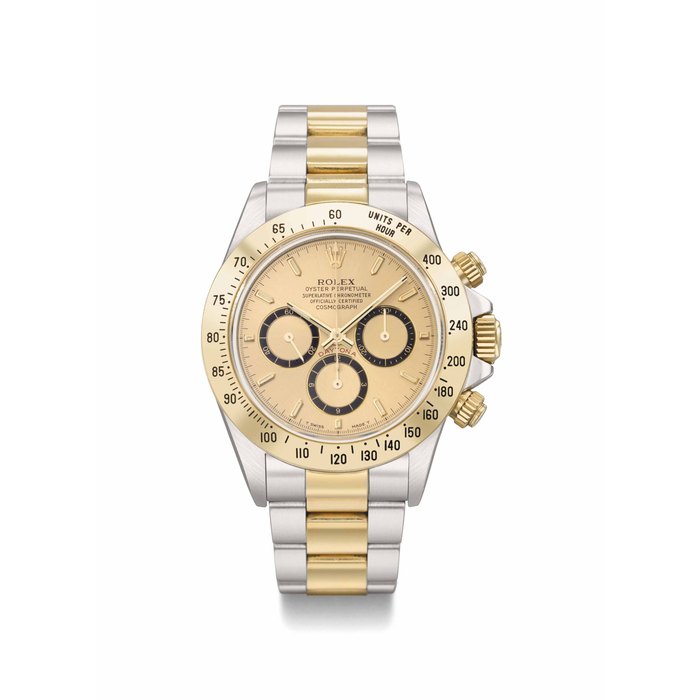 Rolex. A stainless steel and gold automatic chronograph wristwatch with champagne dial and bracelet SIGNED ROLEX, OYSTER PERPETUAL, COSMOGRAPH, DAYTONA, REF. 16523, CASE NO. X855916, CIRCA 1991