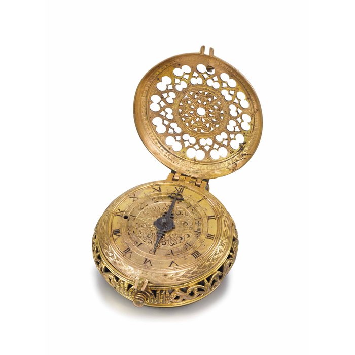 German. A rare and large gilt metal two-train stackfreed pre-hairspring hour striking clock watch UNSIGNED, CIRCA 1600