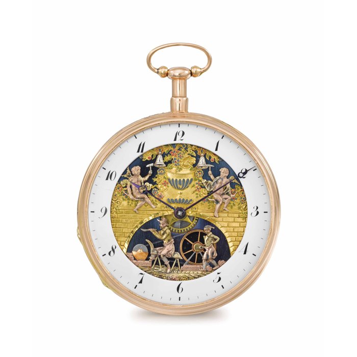 Swiss. A very fine and rare 18K pink gold and enamel openface quarter repeating verge watch with two jacquemarts and automaton scene depicting a knife grinder and his assistant driving the wheel UNSIGNED, CIRCA 1820