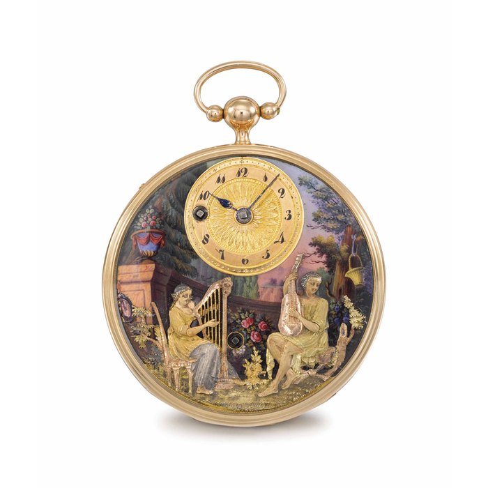 Swiss. A fine, rare and attractive 18K gold and enamel openface two-train musical automaton watch UNSIGNED, CIRCA 1815