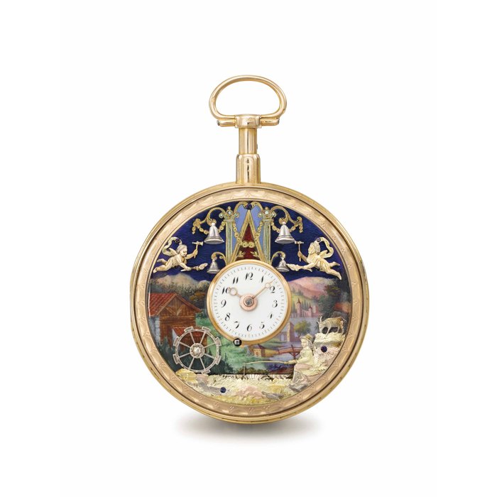 Swiss. A fine, rare and attractive 18K gold and enamel openface à toc quarter repeating automaton watch UNSIGNED, CIRCA 1815