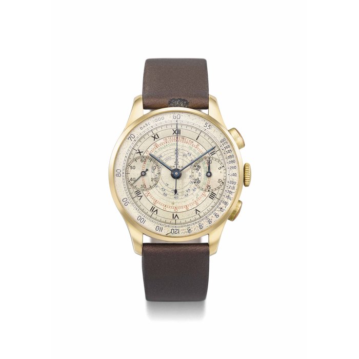 Omega. A fine and very attractive 18K gold chronograph wristwatch with two-tone silvered dial, telemetre, tachymetre and pulsometre scales SIGNED OMEGA, MOVEMENT NO. 9'388'428, CASE NO. 9'174'826, MANUFACTURED IN 1941