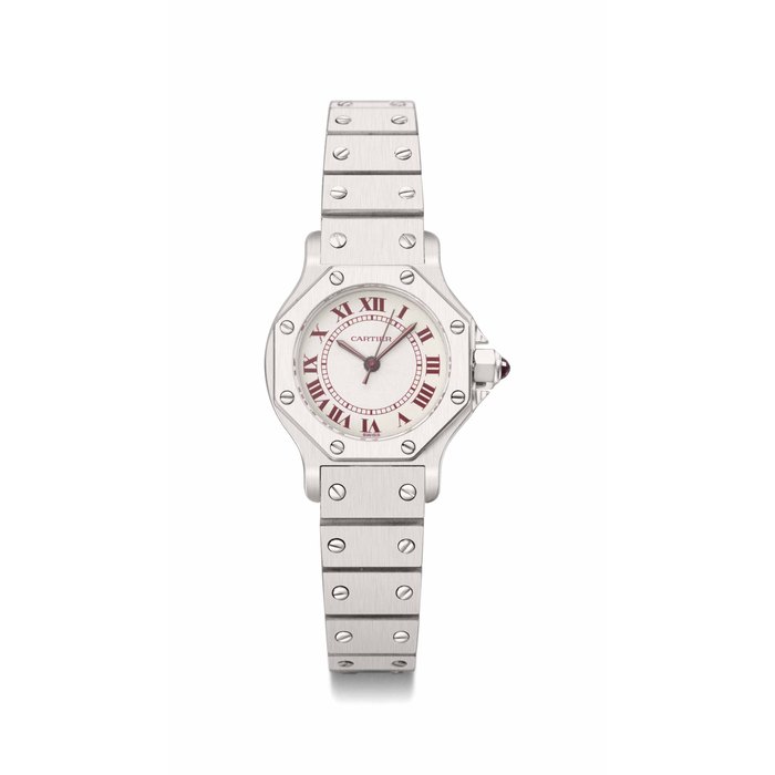 Cartier Cartier. A fine and very rare platinum limited edition wristwatch with burgundy numerals and bracelet SIGNED CARTIER, MODEL SANTOS RONDE, CASE NO. 090603633, CIRCA 1981, Price & Market Data