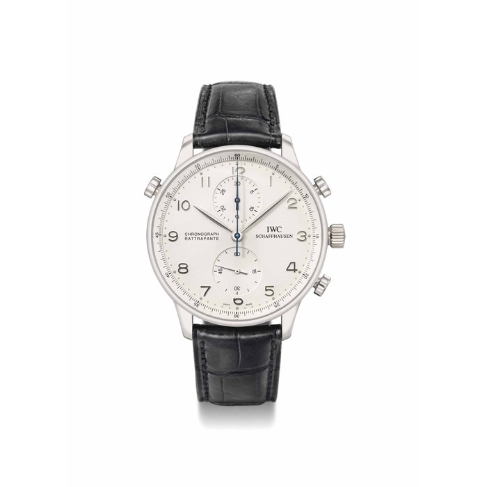 IWC. A very fine and rare platinum limited edition split seconds chronograph wristwatch with guarantee and box SIGNED IWC SCHAFFHAUSEN, CHRONOGRAPH RATTRAPANTE, PORTUGIESER MODEL, NO. 173/250, REF. 3712, CASE NO. 2'797'078, CIRCA 2001