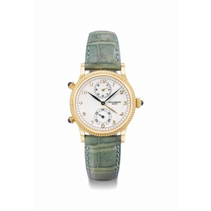 Patek Philippe. A lady's 18K gold dual time zone wristwatch with 24 hour indication and original certificate SIGNED PATEK PHILIPPE, GENEVE, TRAVEL TIME MODEL, REF. 4864, MOVEMENT NO. 3'079'516, CASE NO. 4'027'764, MANUFACTURED IN 1997