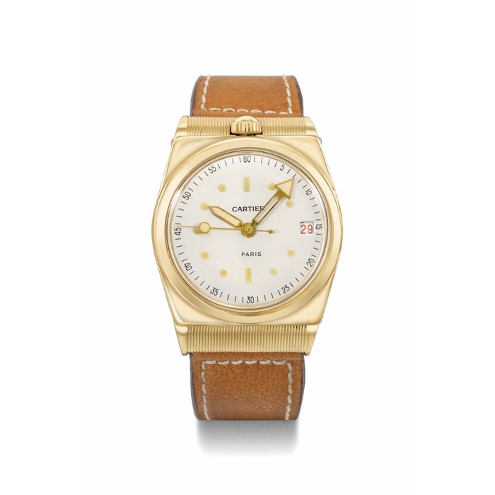 Cartier. A very rare and attractive 18K gold tonneau-shaped automatic wristwatch with sweep centre seconds, red and black date, luminous numerals and hands and hinged hooded lugs SIGNED CARTIER, PARIS, CASE NO. 2019, CIRCA 1947