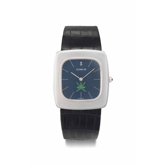 Corum. An 18K white gold rectangular wristwatch, made for the Sultanate of Oman SIGNED CORUM, REF. 57301, MOVEMENT NO. 131'596, CASE NO. 129'344, CIRCA 1974
