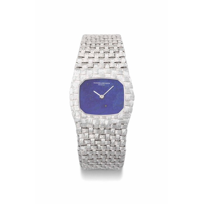 Vacheron Constantin. A fine and elegant 18K white gold cushion-shaped bracelet watch with lapis lazuli dial SIGNED VACHERON & CONSTANTIN, GENÈVE, REF. 2079, MOVEMENT NO. 644'659, CASE NO. 477'186, MANUFACTURED IN 1973