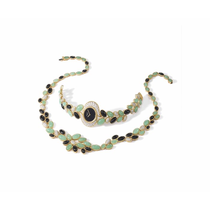 Patek Philippe. A lady's fine, rare and unusual 18K gold, chrysoprase, black onyx and diamond-set bracelet watch and matching necklace SIGNED PATEK PHILIPPE, GENÈVE, MOVEMENT NO. 1'279'540, CASE NO. 2'766'262, REF. 4321/2, MANUFACTURED IN 1978