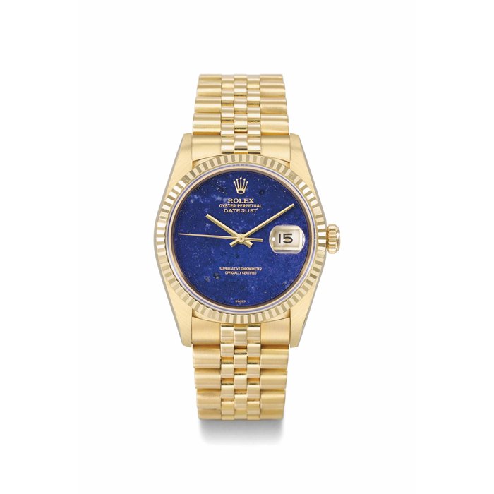 Rolex Rolex. A rare and attractive 18K gold automatic wristwatch with sweep centre seconds, date, bracelet, lapis lazuli dial and guarantee SIGNED ROLEX, OYSTER PERPETUAL DATEJUST, REF. 16238, CASE NO.T 103721, CIRCA 1996, Price & Market Data
