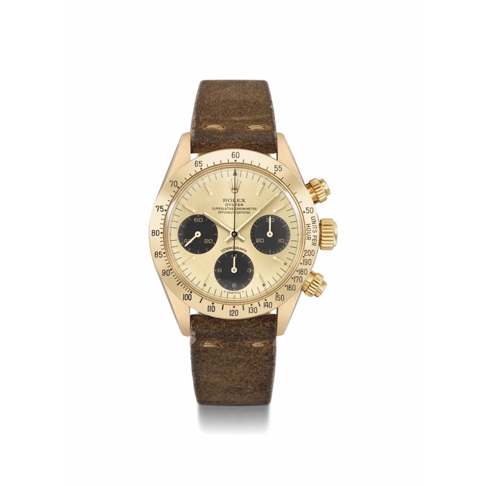 Rolex. A fine and rare 14K gold chronograph wristwatch with gilt dial SIGNED ROLEX, OYSTER, COSMOGRAPH, REF. 6265, CASE NO. 5'060'471, CIRCA 1976
