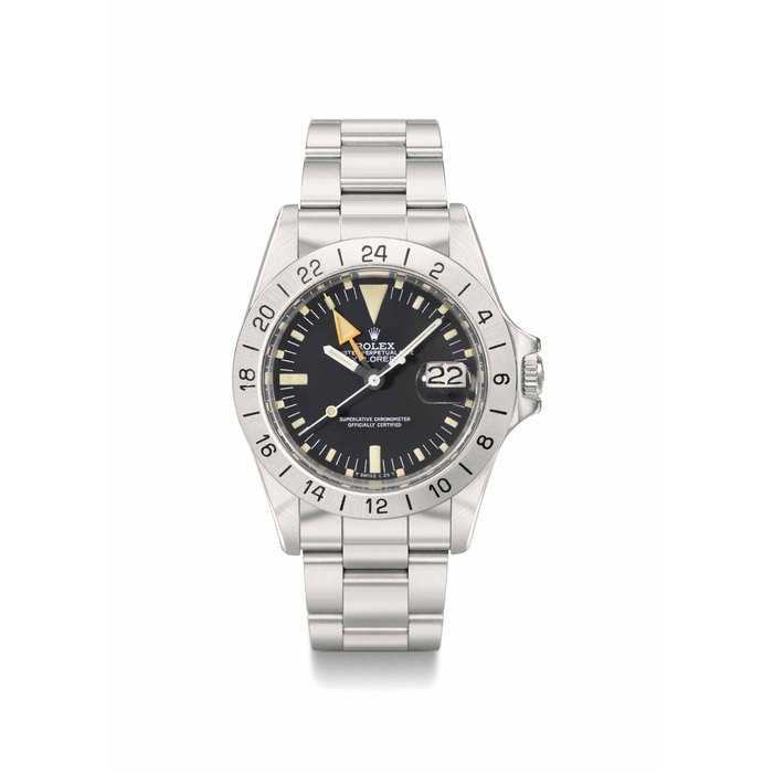 Rolex. A stainless steel automatic wristwatch with sweep centre seconds, 24 hours, date and bracelet SIGNED ROLEX, OYSTER PERPETUAL DATE, EXPLORER II, STEVE MCQUEEN MODEL, REF. 1655, CASE NO. 8'270'425, CIRCA 1983