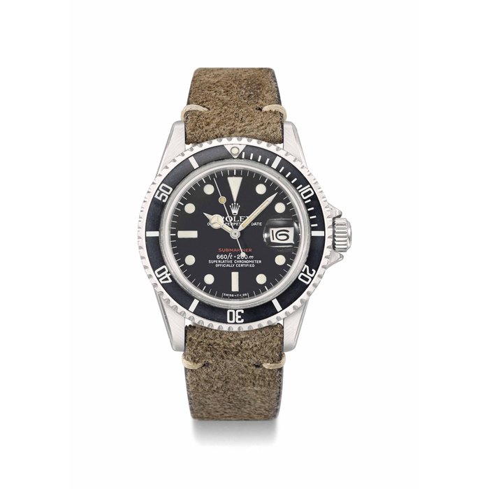 Rolex. A fine and very rare stainless steel automatic wristwatch with sweep centre seconds, date and red Submariner designation, made for the Peruvian Air Force SIGNED ROLEX, OYSTER PERPETUAL DATE, SUBMARINER, REF. 1680, CASE NO. 3'728'904, MILITARY ISSUE NO. 52, CIRCA 1974
