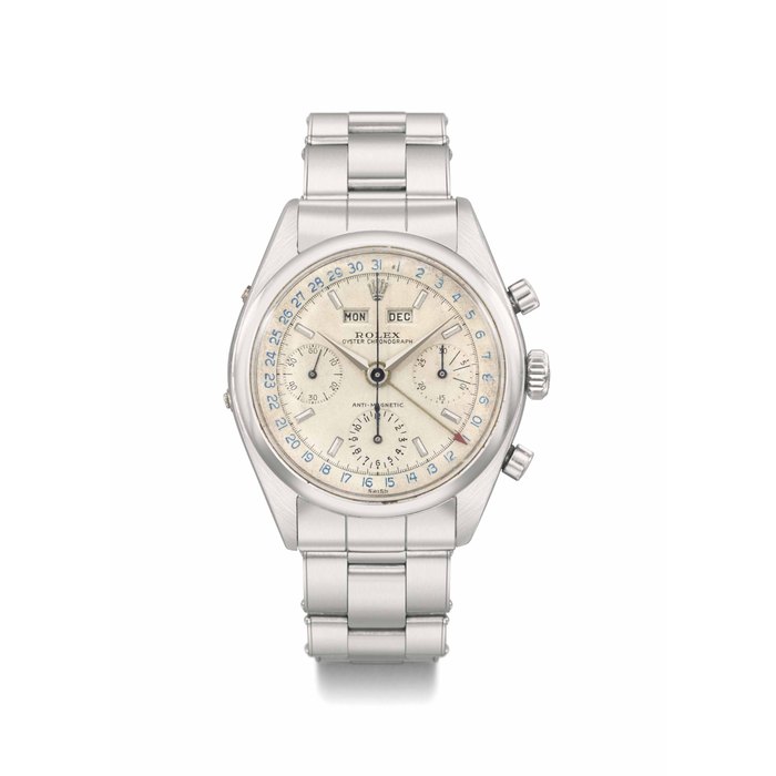 Rolex. A very fine, rare and attractive stainless steel triple calendar chronograph wristwatch with bracelet SIGNED ROLEX, OYSTER CHRONOGRAPH, ANTI-MAGNETIC, REF. 6236, CASE NO. 384'230, CIRCA 1958