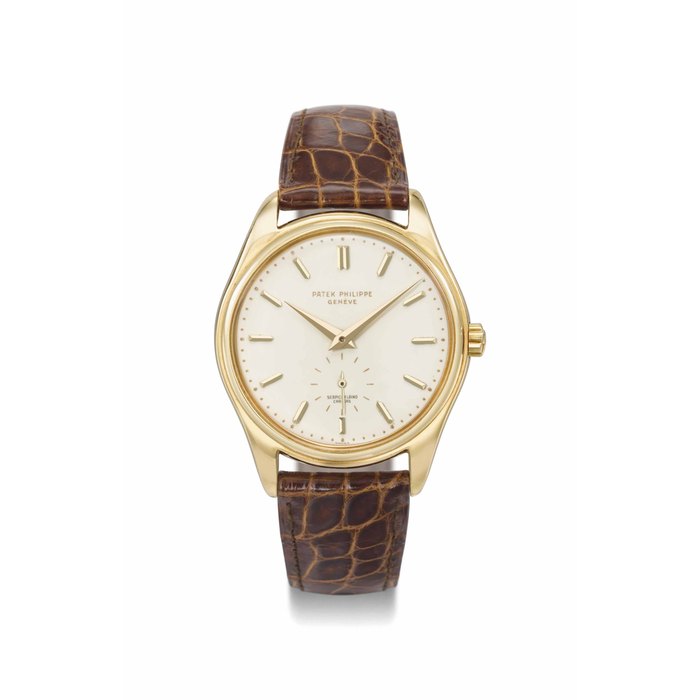 Patek Philippe. A fine, rare and attractive 18K gold automatic wristwatch with cream-coloured enamel dial SIGNED PATEK PHILIPPE, GENÈVE, RETAILED BY SERPICO Y LAINO, CARACAS, REF. 2526, MOVEMENT NO. 765'514, CASE NO. 2'602'840, MANUFACTURED IN 1958