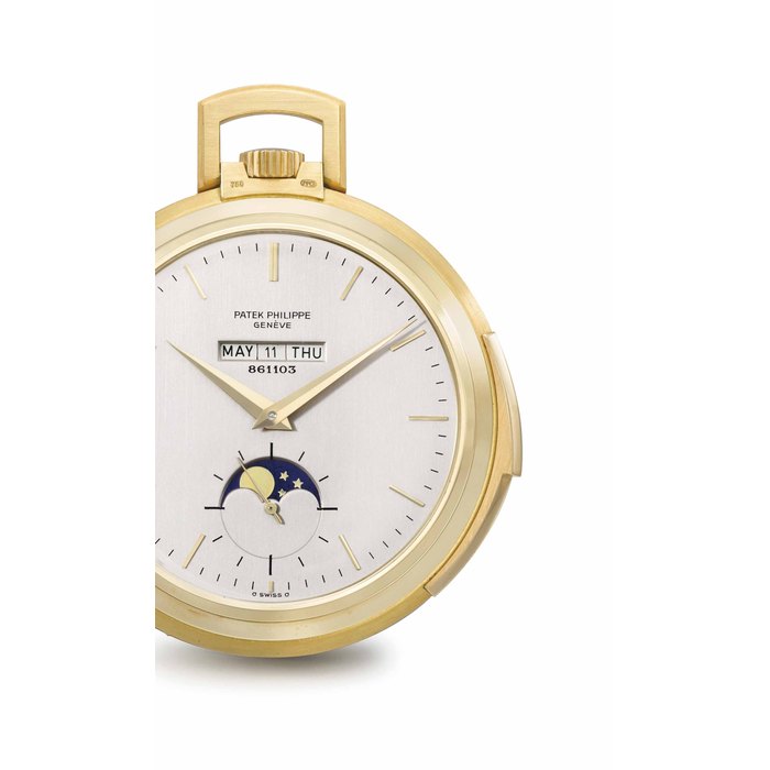 Patek Philippe. A very fine and rare 18K gold openface minute repeating keyless lever watch with linear perpetual calendar, moon phases, Certificate and box SIGNED PATEK PHILIPPE, GENÈVE, 861103, REF. 844, MOVEMENT NO. 861'103, CASE NO. 316'538, MANUFACTURED IN 2005