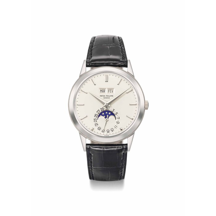 Patek Philippe. An extremely fine and rare 18K white gold perpetual calendar automatic wristwatch with moon phases SIGNED PATEK PHILIPPE, GENÈVE, REF. 3448, MOVEMENT NO. 1'119'205, CASE NO. 328'521, MANUFACTURED IN 1971