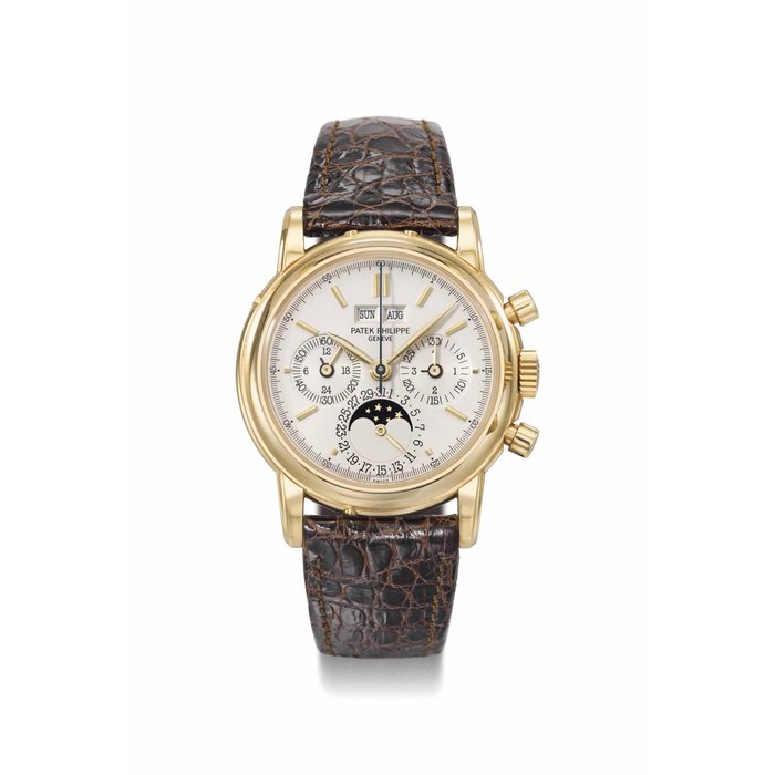 Patek Philippe. A very fine 18K gold perpetual calendar chronograph wristwatch with moon phases, second case back, original certificate and box SIGNED PATEK PHILIPPE, GENEVE, REF. 3970E, MOVEMENT NO. 875'840, CASE NO. 2'896'050, MANUFACTURED IN 1991