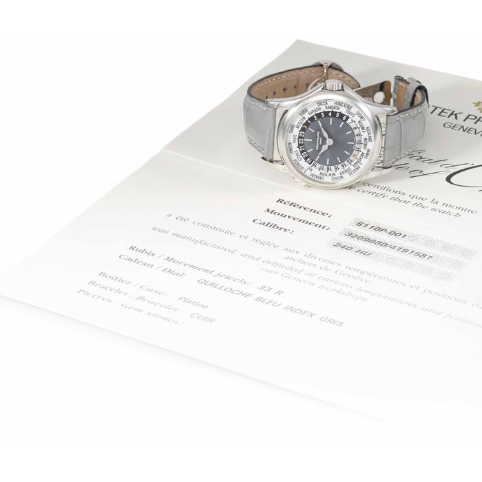 Patek Philippe. A fine and rare platinum automatic World Time wristwatch with original certificate SIGNED PATEK PHILIPPE, GENEVE, REF. 5110, MOVEMENT NO. 3'209'880, CASE NO. 4'191'581, MANUFACTURED IN 2002
