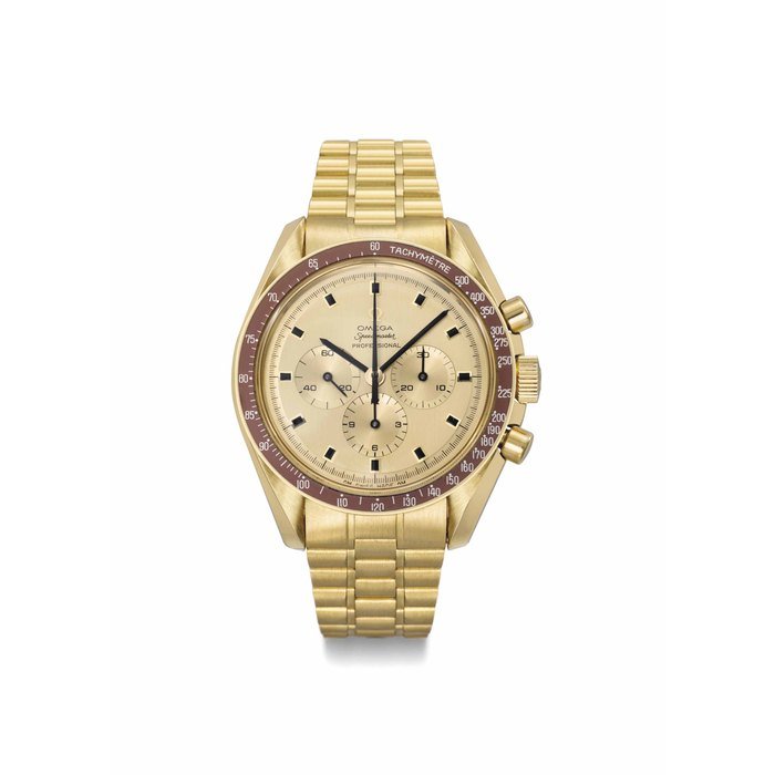 Omega Omega. A fine and rare 18K gold limited edition chronograph wristwatch with bracelet and gold dial SIGNED OMEGA, SPEEDMASTER PROFESSIONAL "MOONWATCH" DE LUXE, APOLLO IX 1969, NO. 145, REF. 145.022, MOVEMENT NO. 28'420'034, MANUFACTURED IN 1969