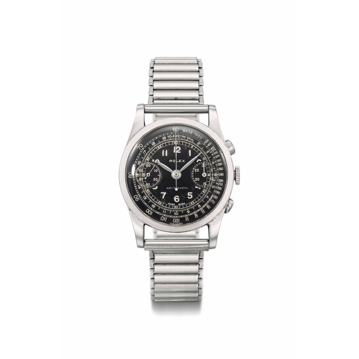 Rolex. A fine and very rare stainless steel chronograph wristwatch with black lacquer dial and bracelet SIGNED ROLEX, ANTI MAGNETIC, REF. 2811, CASE NO. 039702, CIRCA 1935