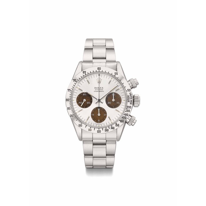 Rolex. A fine, attractive and rare stainless steel chronograph wristwatch with tropical dial and bracelet SIGNED ROLEX, OYSTER, COSMOGRAPH, REF. 6265, CASE NO. 2'921'294, CIRCA 1972