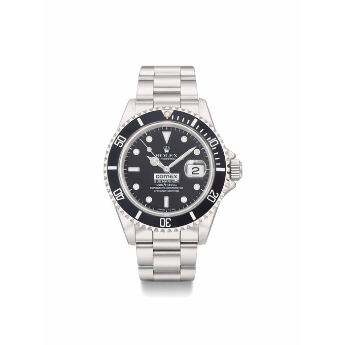 Rolex. A fine and very rare stainless steel automatic wristwatch with sweep centre seconds, date and bracelet, made for Comex SIGNED ROLEX, OYSTER PERPETUAL DATE, COMEX, SUBMARINER, 1000FT=300M, SUPERLATIVE CHRONOMETER OFFICIALLY CERTIFIED, REF. 16610, COMEX NO. 6323, CASE NO. N398410, CIRCA 1991