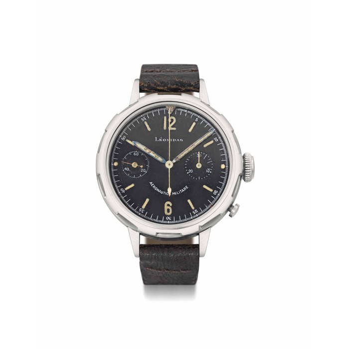 Léonidas. A fine, rare, very large and unusual stainless steel single button chronograph wristwatch with black dial, made for the Italian Airforce SIGNED LÉONIDAS, MOVEMENT NO. 6955, CIRCA 1945