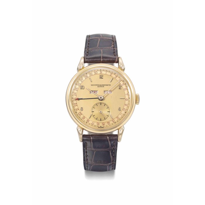Vacheron Constantin. A fine, rare and attractive 18K pink gold triple calendar wristwatch with two-tone champagne dial and box SIGNED VACHERON & CONSTANTIN, GENÈVE, MOVEMENT NO. 464'142, CASE NO. 307'178, MANUFACTURED IN 1948