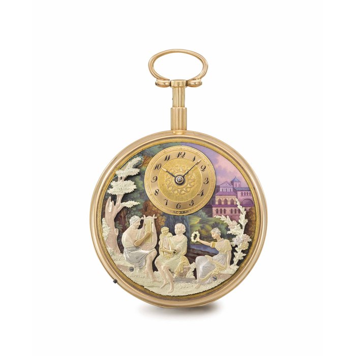 Roman Bordier & Cie., attributed to Henry Capt. A very fine, rare and attractive 18K gold and enamel openface two-train quarter repeating musical automaton watch SIGNED ROMAN BORDIER & CIE., NO. 20'935, CIRCA 1815