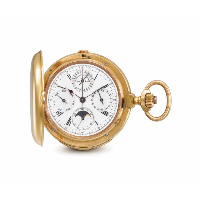 Swiss. A fine 18K gold hunter case minute repeating perpetual calendar chronograph keyless lever watch with moon phases UNSIGNED, NO. 7548, CIRCA 1900