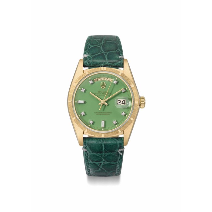 Rolex. An attractive and extremely rare 18K gold and diamond-set automatic wristwatch with day, date, sweep centre seconds and light green lacquered dial SIGNED ROLEX, OYSTER PERPETUAL, DAY-DATE, REF. 18078, CASE NO. 6'306'555, CIRCA 1980