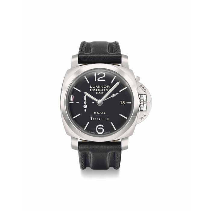 Panerai. An oversized stainless steel dual time wristwatch with 8-day power reserve, date, Guarantee and box SIGNED OFFICINE PANERAI, LUMINOR GMT 8 DAYS, NO. KO139/2000, REF. PAM00233, MOVEMENT NO. 003'677, CASE NO. OP6660, CIRCA 2008