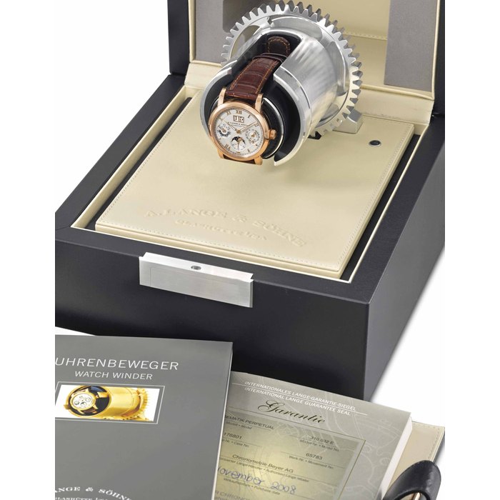 A. Lange & Söhne. A very fine 18K pink gold automatic perpetual calendar wristwatch with moon phases, oversized date, zero-reset function, certificate and winding box SIGNED A. LANGE & SÖHNE, GLASHÜTTE I/SA, SAX-O-MAT, LANGEMATIK PERPETUAL, REF. 310.032, MOVEMENT NO. 65'783, CASE NO. 176'801, MANUFACTURED IN 2009