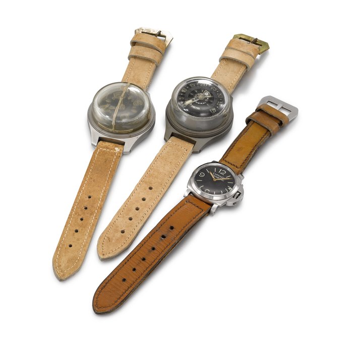 Panerai and Rolex, made for Panerai. An extremely fine and rare "Luminor Trittico" comprising a stainless steel wristwatch with "tropical" dial, a wrist compass and a depth gauge, supplied to the Polizia di State THE WRISTWATCH SIGNED LUMINOR PANERAI, REF. 6152-1, CASE NO. 124'816, CASE AND MOVEMENT SIGNED ROLEX, THE WRIST COMPASS SIGNED PANERAI, THE DEPTH GAUGE SIGNED LUMINOR PANERAI, ALL CIRCA 1955