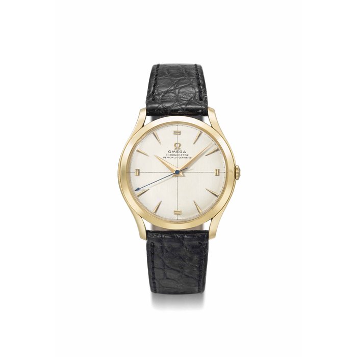 Omega. A fine and very rare 18K gold wristwatch with deadbeat centre seconds SIGNED OMEGA, CHRONOMETRE, OFFICIALLY CERTIFIED, SYNCHROBEAT MODEL, MOVEMENT NO. 12'201'419, CASE NO. 10'941'889, MANUFACTURED IN 1953