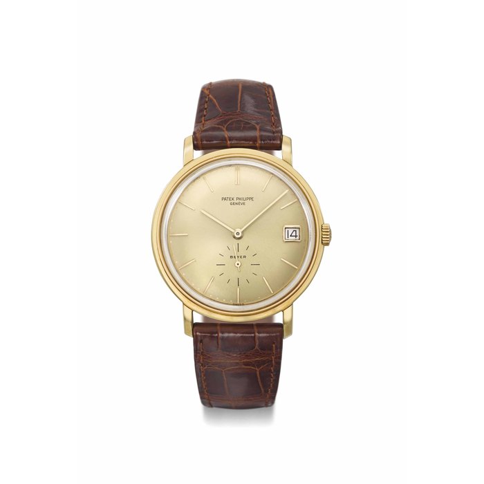 Patek Philippe. A fine, rare and attractive 18K gold automatic wristwatch with date and champagne dial SIGNED PATEK PHILIPPE, GENEVE, RETAILED BY BEYER, REF. 3445, MOVEMENT NO.1'121'533, CASE NO. 316'013, MANUFACTURED IN 1964