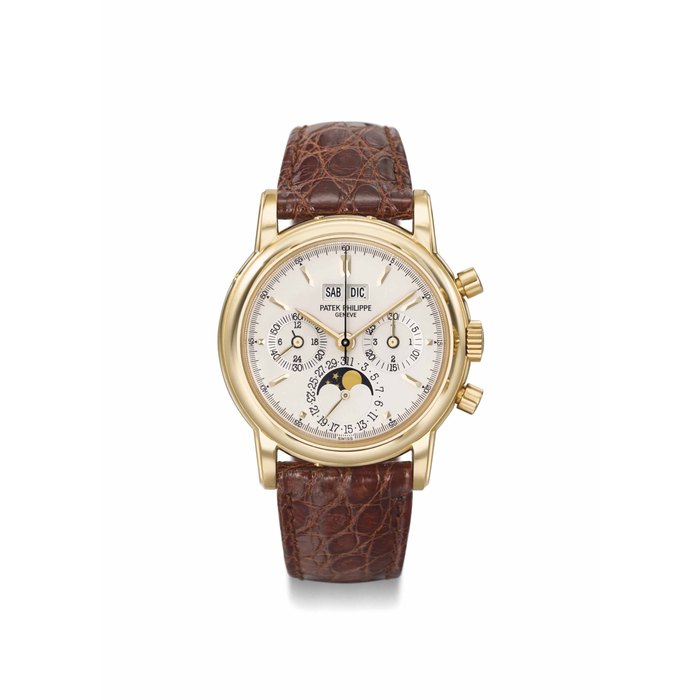 Patek Philippe. A very fine and rare 18K gold perpetual calendar chronograph wristwatch with moon phases, Certificate, second case back and box SIGNED PATEK PHILIPPE, GENEVE, REF. 3970, MOVEMENT NO. 3'045'418, CASE NO 2'968'258, MANUFACTURED IN 1996