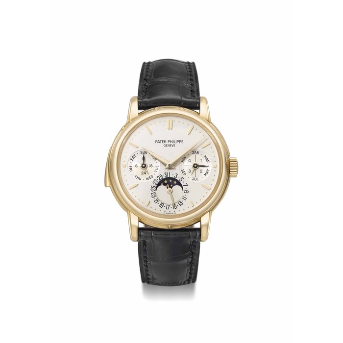 Patek Philippe. A very fine and rare 18K gold automatic minute repeating perpetual calendar wristwatch with moon phases, original certificate, second case back and box SIGNED PATEK PHILIPPE, GENÈVE, REF. 3974, MOVEMENT NO. 1'906'022, CASE NO. 2'867'119, MANUFACTURED IN 1990
