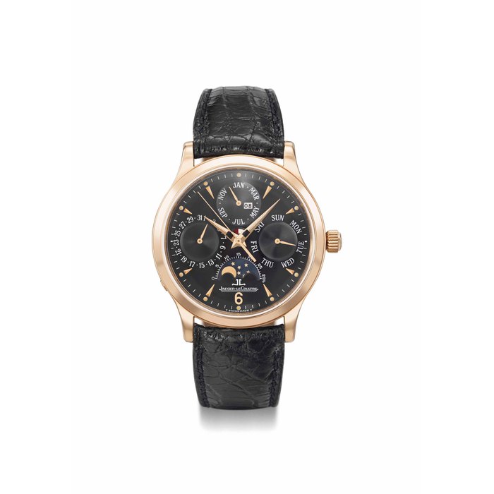 Jaeger-LeCoultre. A fine and attractive 18K pink gold automatic perpetual calendar wristwatch with sweep centre seconds, moon phases, black gloss dial, garantie and box SIGNED JAEGER-LECOULTRE, MASTER CONTROL 1000 HOURS, REF. 140.2.80.S, NO. 030, MANUFACTURED IN 1998