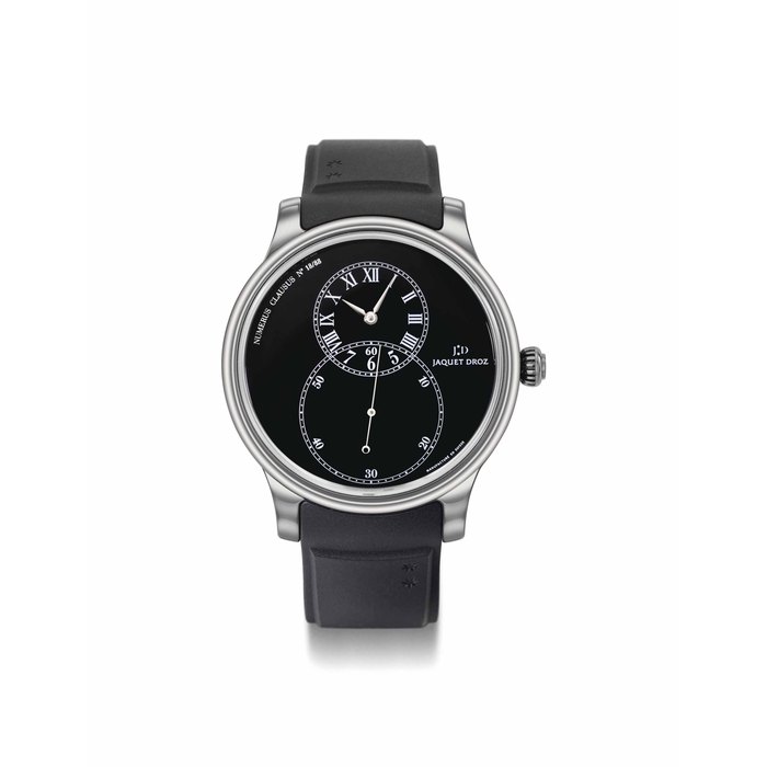 Jaquet-Droz. A fine and large black ceramic limited edition automatic wristwatch with black dial, off-centered time display, large seconds, original certificate, tag and box SIGNED JAQUET-DROZ, GRANDE SECONDE MODEL, REF. J003035201, NO. 18/88, MANUFACTURED IN 2011