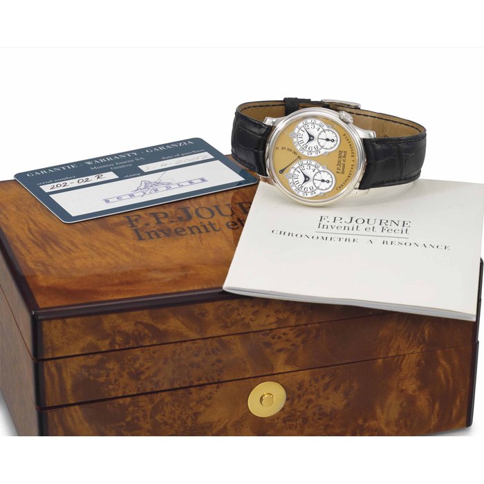 F.P. Journe. A fine platinum dual time chronometer wristwatch with resonance-controlled twin independent gear-trains movement, power reserve, certificate and box SIGNED F.P. JOURNE, INVENIT ET FECIT, CHRONOMETRE A RESONANCE, NO. 202-02R, CIRCA 2002